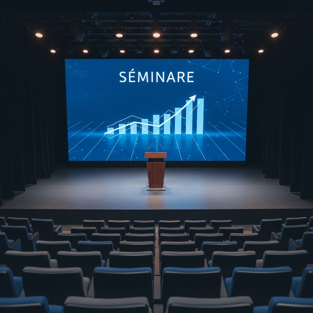 An elegant auditorium stage set for an important corporate presentation, with a minimalist dark wood podium, a large high-definition screen in the background showing a clean, geometric visual of rising graphs and the word “séminaire” in tasteful fonts. The stage floor has a matte finish, subtly reflecting soft spotlights from above. In the foreground, rows of empty, plush fabric chairs fade into a gentle blur. Cool, balanced lighting emphasizes clarity without harsh contrasts, suggesting impeccable technical setup. Photographic realism from a slightly elevated central viewpoint, creating depth and symmetry. The mood is focused, anticipatory, and polished, ideal for illustrating high-stakes strategic business moments handled with precision and care.