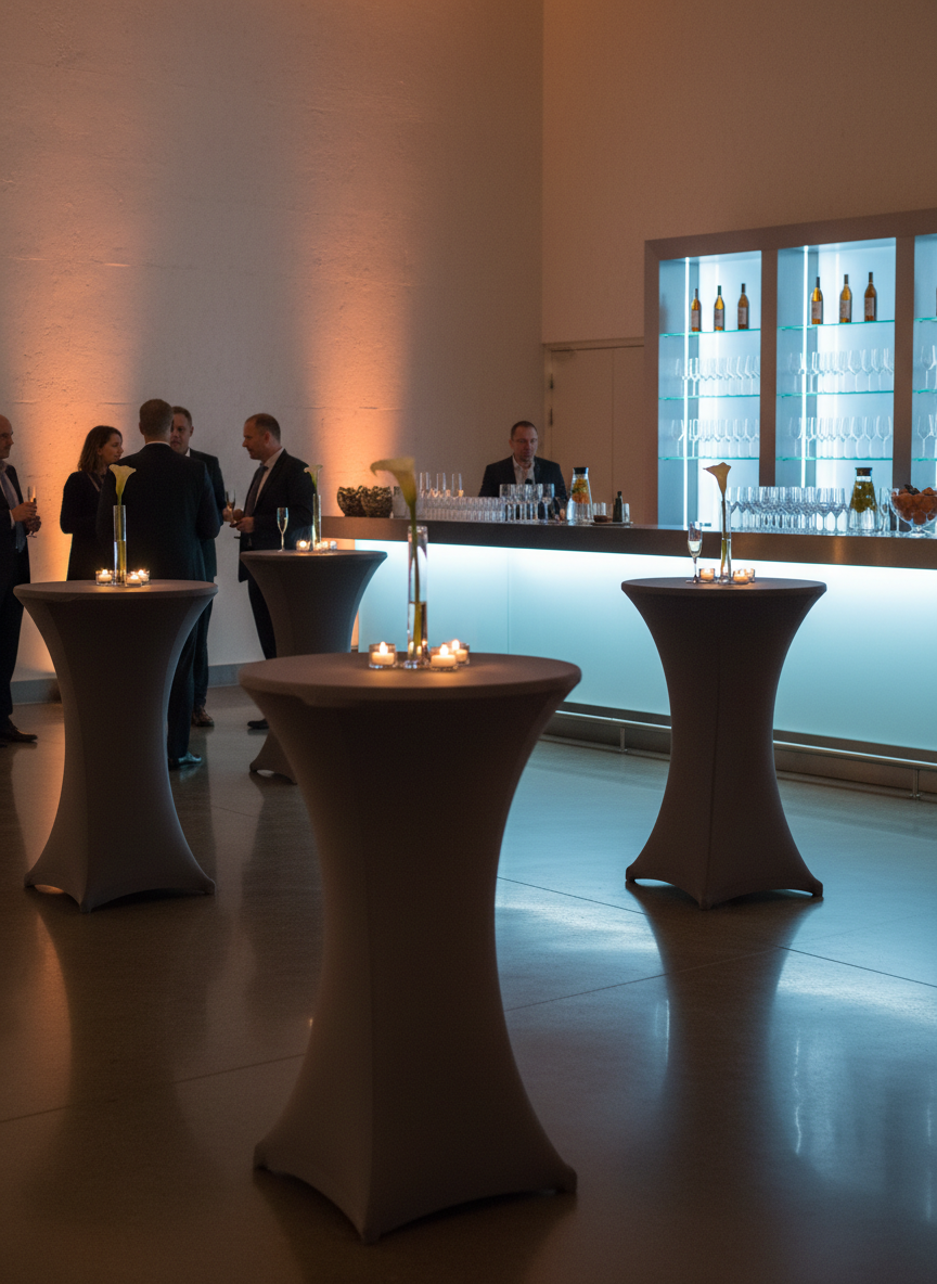 A refined evening corporate event setup in a contemporary venue, with tall cocktail tables draped in charcoal-grey fabric, each topped with minimalist centerpieces of single white flowers in slim glass vases and small LED candles. In the background, an illuminated bar with backlit shelves of sparkling glassware and non-alcoholic beverages creates a sophisticated glow. Discreet uplighting washes the walls with a soft amber tone, while the polished floor reflects subtle highlights. Photographic realism captured from a slightly low angle, using the rule of thirds to balance foreground tables and the bar area. The atmosphere is warm, celebratory, and premium without ostentation, evoking a well-curated company soirée that balances elegance and cost-effective simplicity.