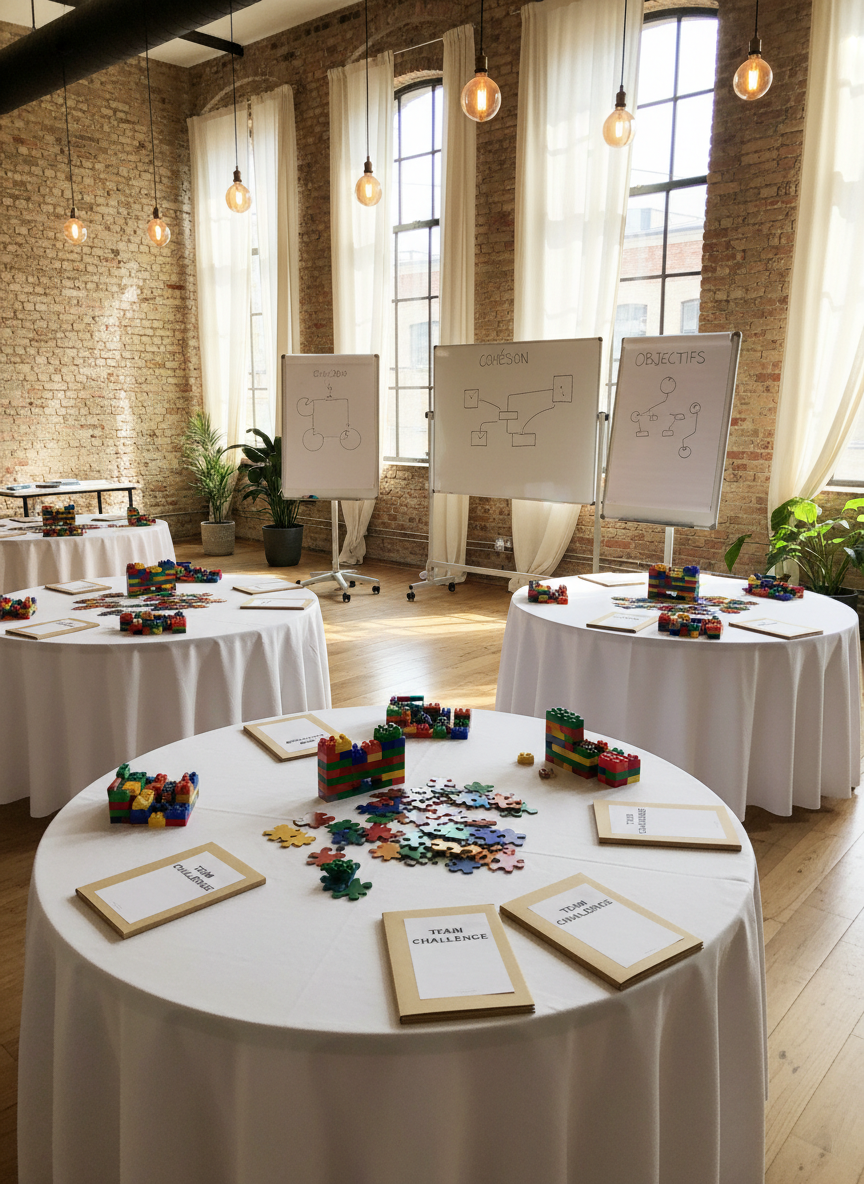 A spacious loft-style event space arranged for a corporate team-building workshop, with multiple round tables dressed in crisp white linens, each table organized with colorful puzzle pieces, building blocks, and neatly stacked briefing folders. Along the brick wall, large movable whiteboards feature partially completed diagrams and keywords like “cohésion” and “objectifs”. Daylight pours in through industrial-style windows, softened by sheer curtains, while warm pendant lights add a cozy glow. Photographic realism with a mid-height, three-quarter angle that showcases both tables and wall tools, moderate depth of field to keep the room legible. The mood is dynamic yet structured, inviting collaboration and creative problem-solving in a thoughtfully prepared, budget-conscious setting.