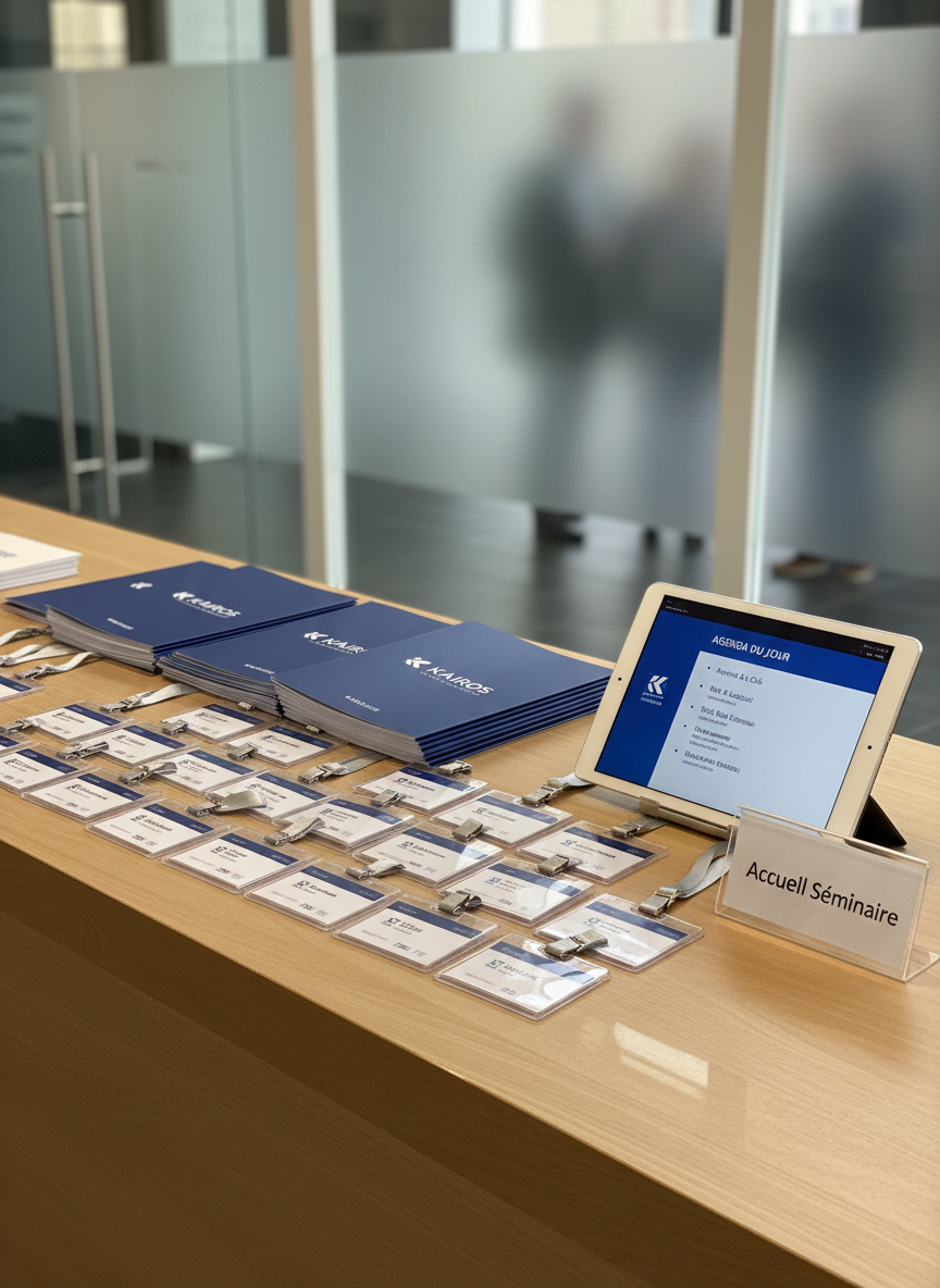 A close-up of a meticulously organized seminar welcome desk for a corporate retreat, featuring neatly stacked personalized folders branded with “KAIROS”, high-quality name badges arranged in precise rows, and a sleek tablet displaying a professional agenda screen. The desk surface is smooth light oak, with a discreet sign indicating “Accueil Séminaire” in clear, modern typography. Soft, diffused lobby lighting combined with gentle daylight from a nearby window creates mild reflections on the badges and tablet screen. Photographic realism, shot from a slightly elevated angle with a shallow depth of field that keeps the central objects crisp while the background reception area falls into a soft blur. The mood is reassuring, attentive, and service-oriented, emphasizing meticulous preparation and listening to client needs.