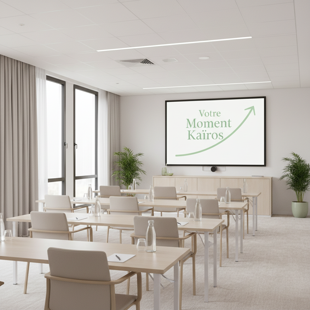 Salle de séminaire lumineuse et moderne, sans aucune personne, avec un grand écran affichant une courbe qui monte et le texte 'Votre Moment Kaïros' avec un tréma sur le i de Kaïros, ambiance claire, tons blancs et beiges, touches de vert doux.