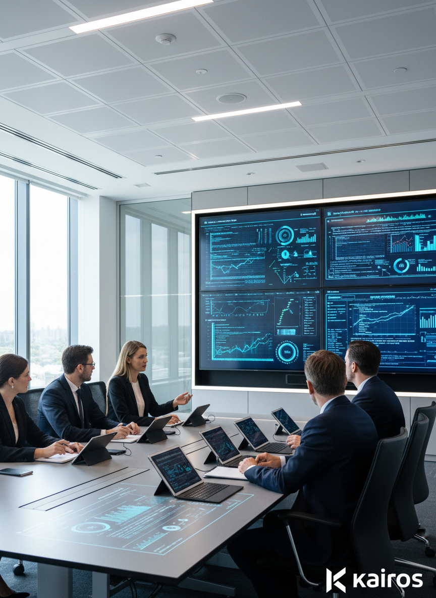 Grande photo verticale d’un séminaire d’entreprise sérieux dans une salle digitalisée, avec quelques personnes en tenue professionnelle, plusieurs grands écrans affichant des données et graphiques, ambiance lumineuse mais très professionnelle, style photo réaliste, cohérent avec le reste du site Kairos